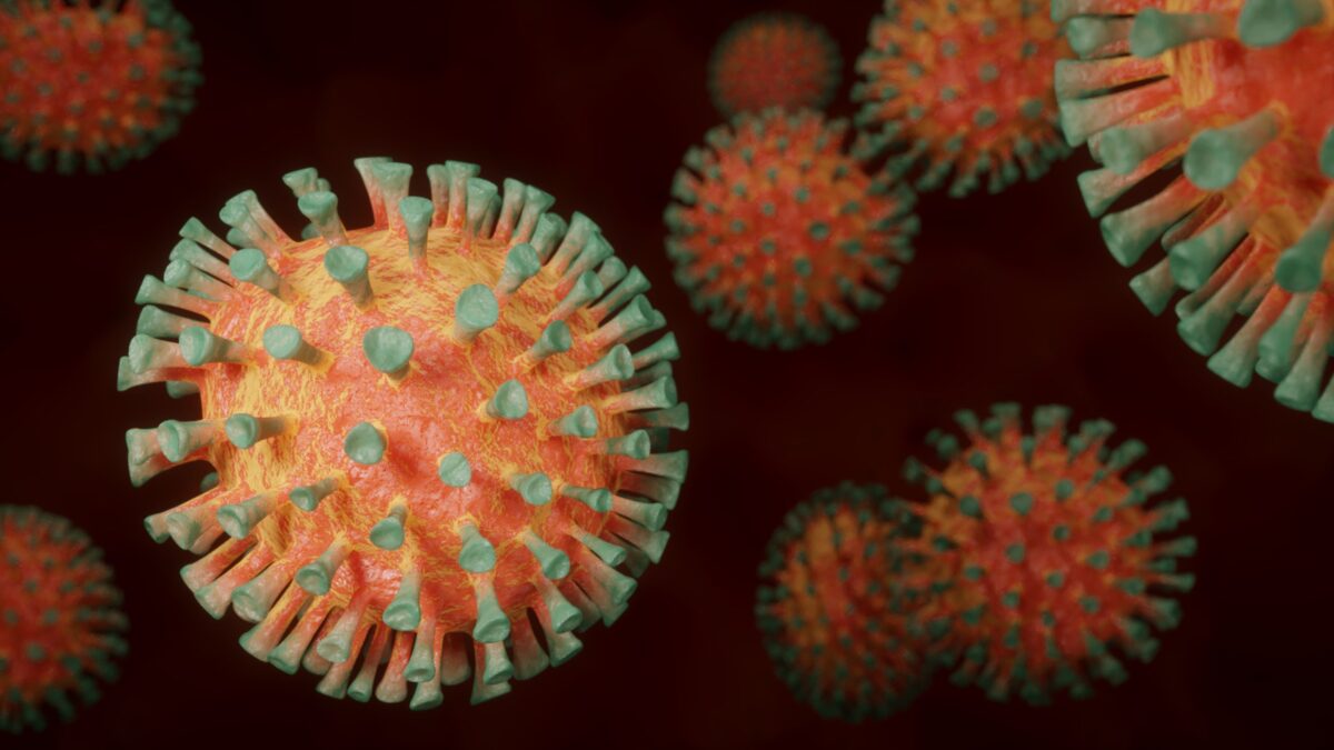 3D-Visualisierung eines Coronavirus. Auf einer runden Kugel sind in regelmäßigen Abständen kleine Arme mit Kronen darauf platziert. Daher auch der Name Corona.